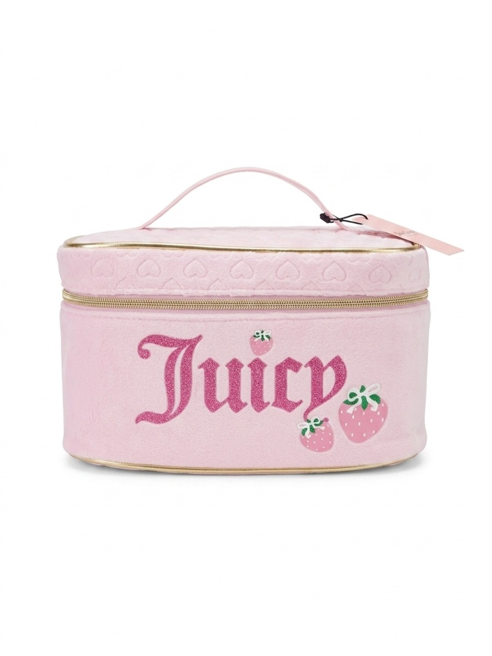 Juicy Couture Pink Plush Heart Toiletry Pouch - NWT - Gold Trim & Strawberry Det